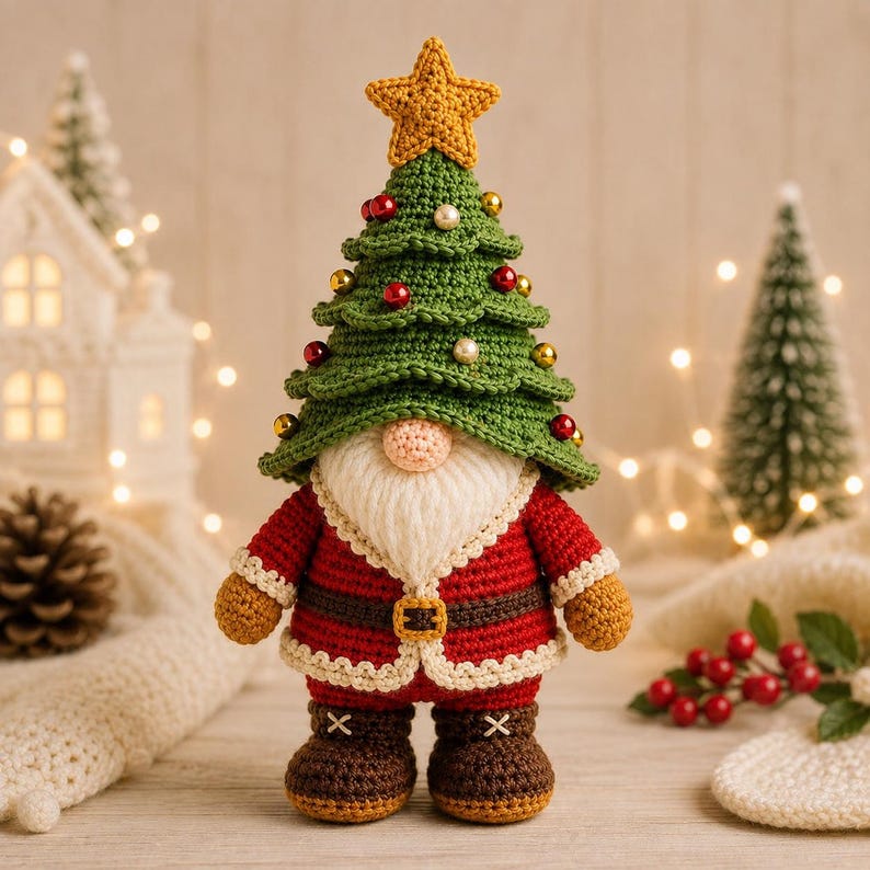 Handmade Christmas Gnome, Crochet Tree Gnome Plush, Scandinavian Tomte Gonk, Winter Dwarf Decor, Faceless Doll Holiday Tiered Tray Gift