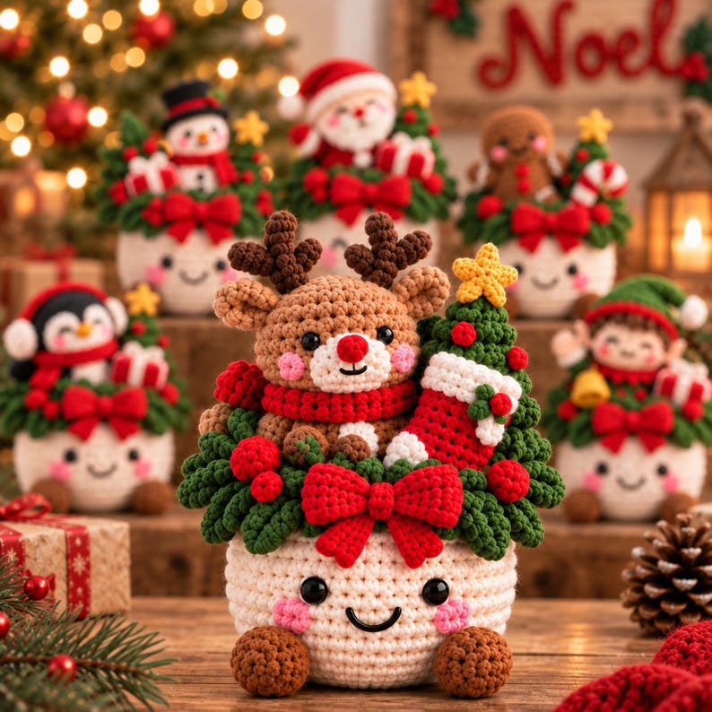 Crochet Xmas Planter, Christmas Amigurumi Basket, Cute Holiday Shelf Sitter, Santa Snowman Tree Decor, Festive Table Centerpiece, Xmas Gift