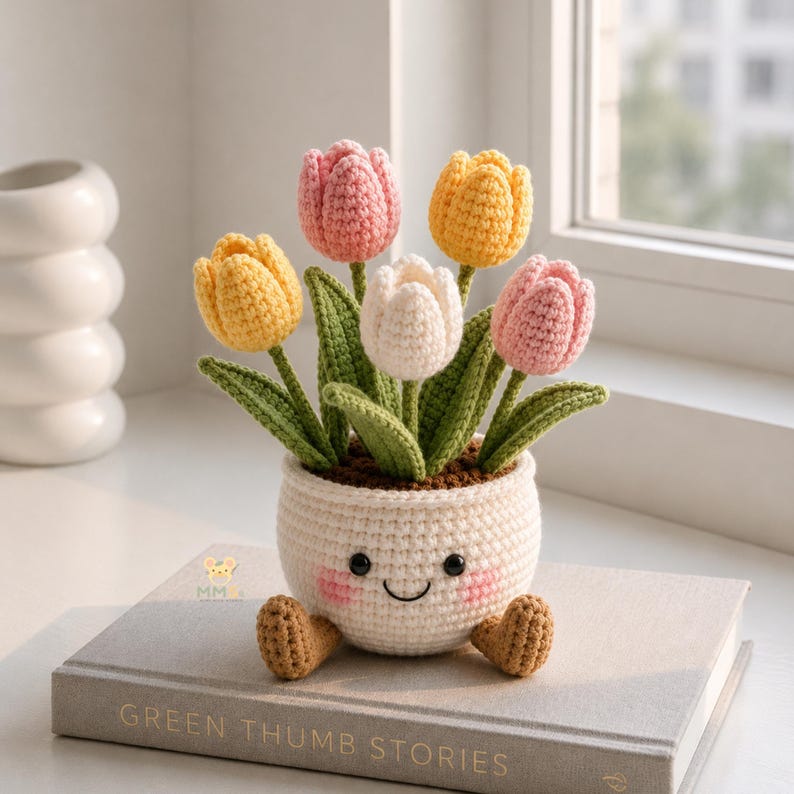 Crochet Flower Pot Set with Mushroom Sunflower Lavender Strawberry Rose Tulip Designs