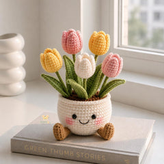Crochet Flower Pot Set with Mushroom Sunflower Lavender Strawberry Rose Tulip Designs