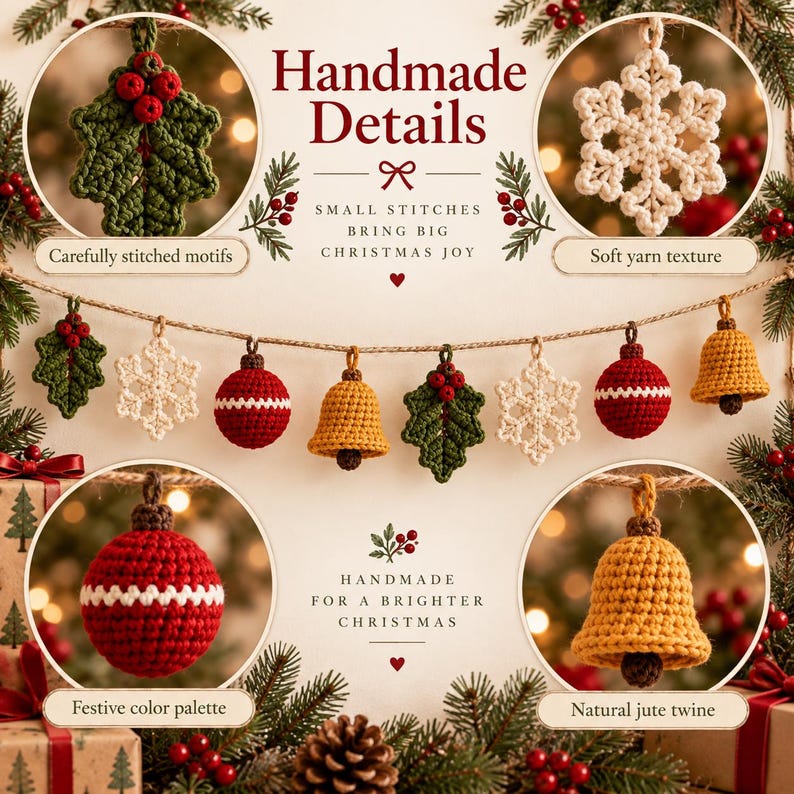 Crochet Christmas Garland, Handmade Mantel Decor, Holly Snowflake Bell Ornaments, Holiday Fireplace Bunting