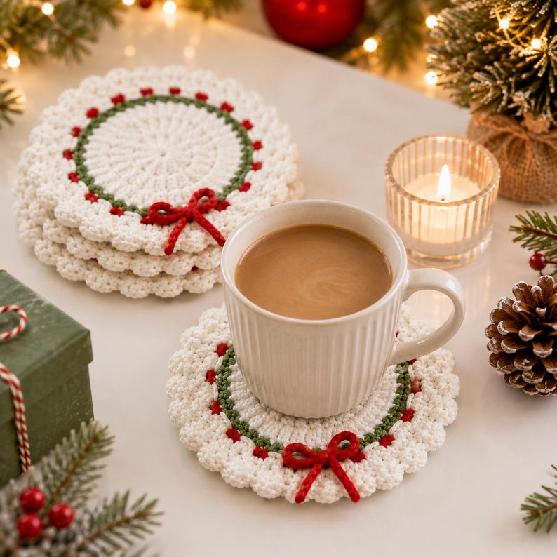 Merry Christmas Wreath Crochet Coaster, Handmade Holiday Coasters, Crochet Santa Coaster, Christmas Crochet Decor, Holiday Mug Rug