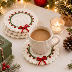 Merry Christmas Wreath Crochet Coaster, Handmade Holiday Coasters, Crochet Santa Coaster, Christmas Crochet Decor, Holiday Mug Rug