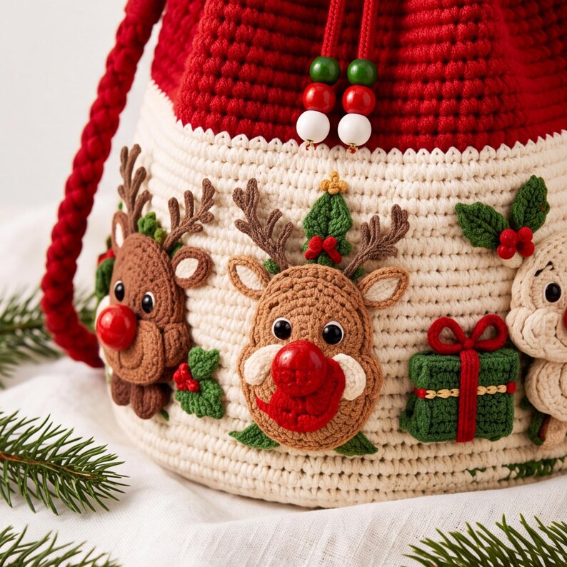 Christmas Crochet Bucket Bag, DIY Crochet Kit or Finished Crossbody Bag, Handmade Santa Reindeer Holiday Bag