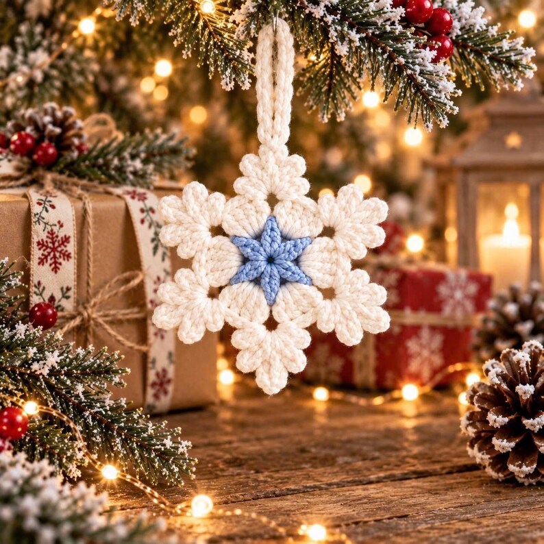 Crochet Snowflake Ornaments Set of 6 or 8, Handmade Christmas Tree Decorations, White Winter Decor, Small Hanging Snowflakes