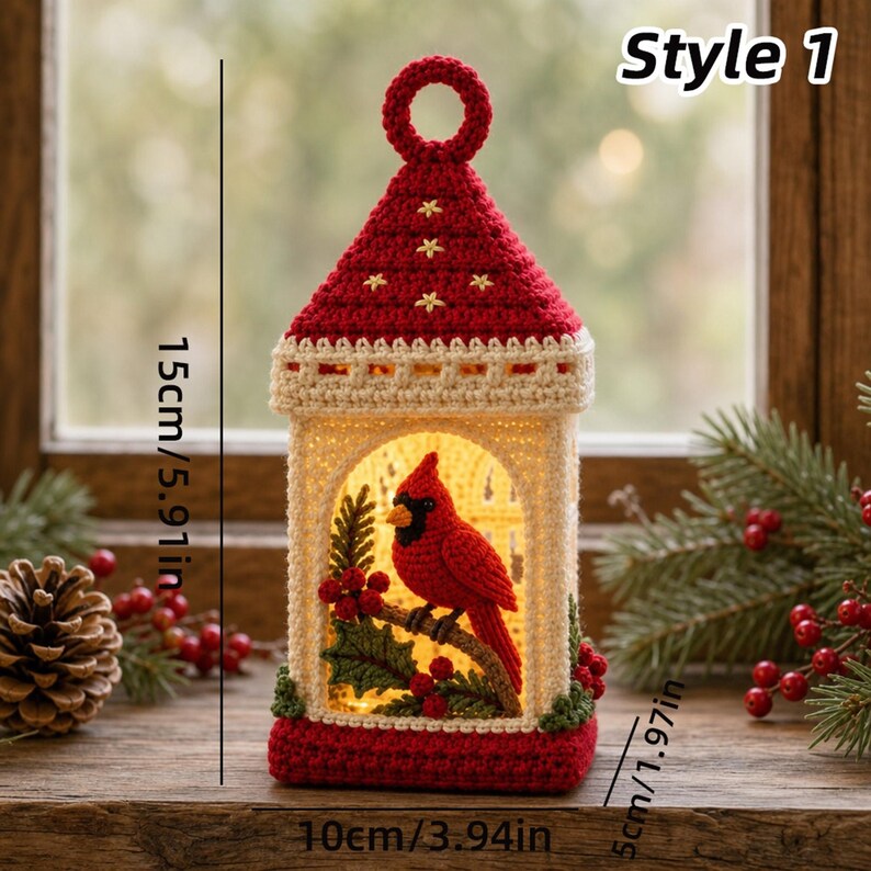 Handmade Crochet Christmas Lantern,Amigurumi Decor,Cardinal Bird,Snowman,Angel,Xmas Home Decor,Farmhouse Holiday Table Ornament,Xmas Gift
