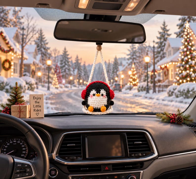 Crochet Christmas Car Ornament, Christmas Gifts, Handmade Snowman, Santa, Penguin, Grin, Crochet car hanging, Cute Grin Car Charm, Xmas Gift