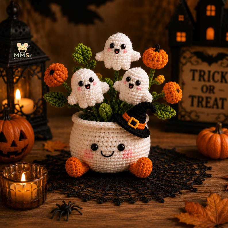Crochet Ghost Flower Pot Halloween Desk Decor | Spooky Amigurumi with Pumpkin Flowers