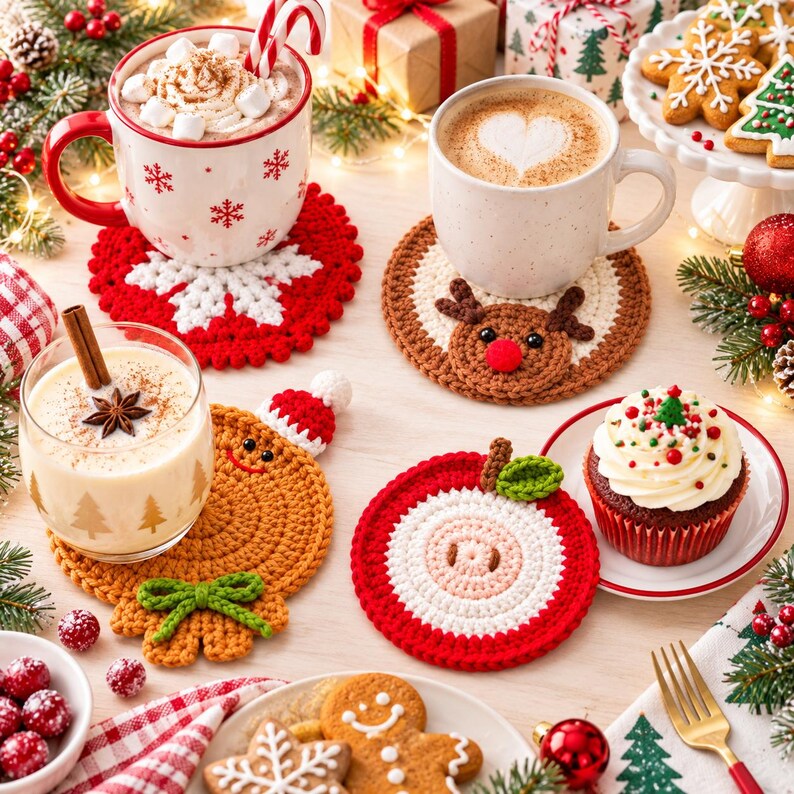 Handmade Crochet Christmas Coasters, Cute Animal Mug Rugs, Holiday Mug Rugs, Kawaii Table Decor, Gift for Coffee Lovers