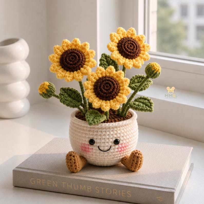 Crochet Flower Pot Set with Mushroom Sunflower Lavender Strawberry Rose Tulip Designs