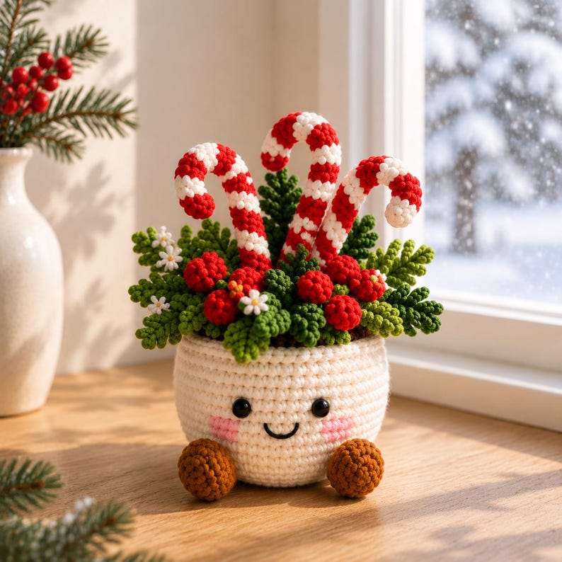 Crochet Christmas Pots, Festive Crochet Plants, Snowman Poinsettia Mini Xmas Decor, Handmade Holiday Shelf Ornament, Secret Santa Gift
