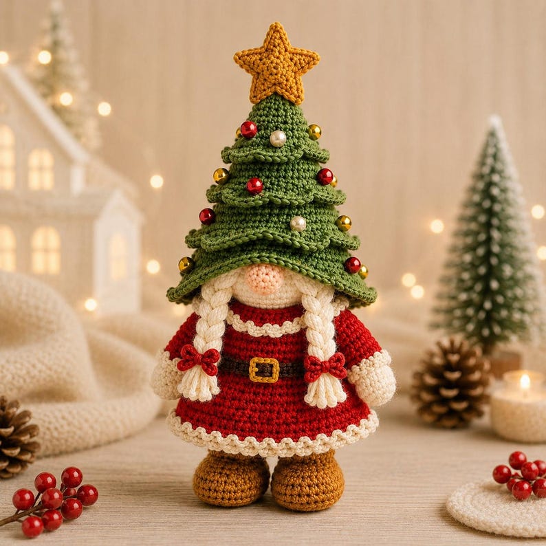 Handmade Christmas Gnome, Crochet Tree Gnome Plush, Scandinavian Tomte Gonk, Winter Dwarf Decor, Faceless Doll Holiday Tiered Tray Gift