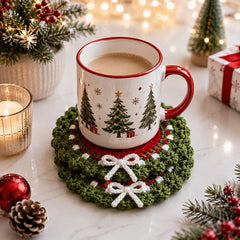 Merry Christmas Wreath Crochet Coaster, Handmade Holiday Coasters, Crochet Santa Coaster, Christmas Crochet Decor, Holiday Mug Rug