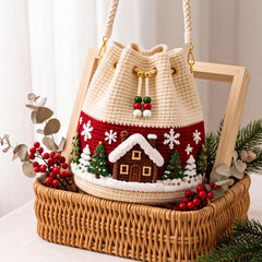 Christmas Crochet Bucket Bag, DIY Crochet Kit or Finished Crossbody Bag, Handmade Santa Reindeer Holiday Bag