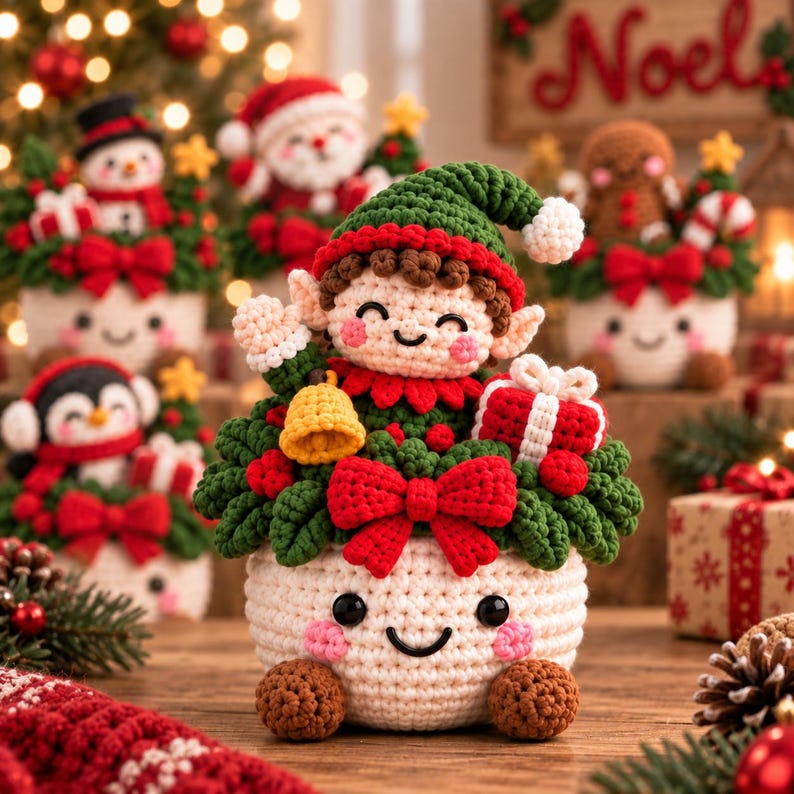 Crochet Xmas Planter, Christmas Amigurumi Basket, Cute Holiday Shelf Sitter, Santa Snowman Tree Decor, Festive Table Centerpiece, Xmas Gift