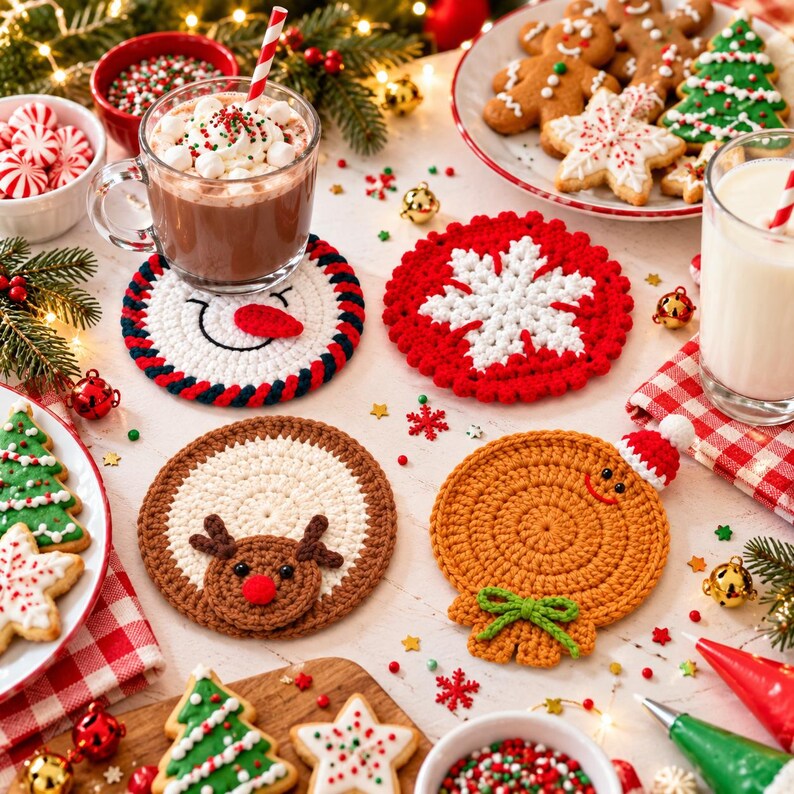 Handmade Crochet Christmas Coasters, Cute Animal Mug Rugs, Holiday Mug Rugs, Kawaii Table Decor, Gift for Coffee Lovers
