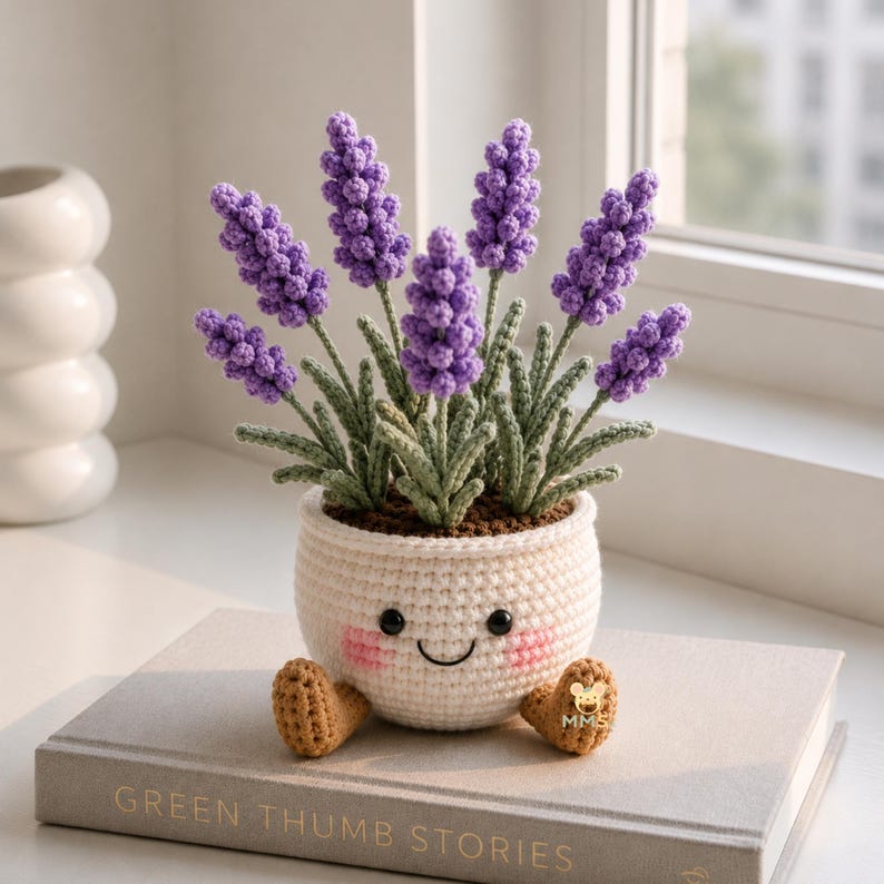 Crochet Flower Pot Set with Mushroom Sunflower Lavender Strawberry Rose Tulip Designs