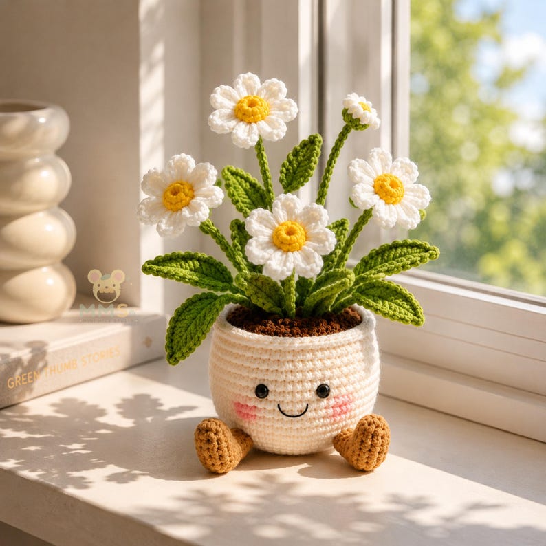 Crochet Flower Pot Set with Mushroom Sunflower Lavender Strawberry Rose Tulip Designs