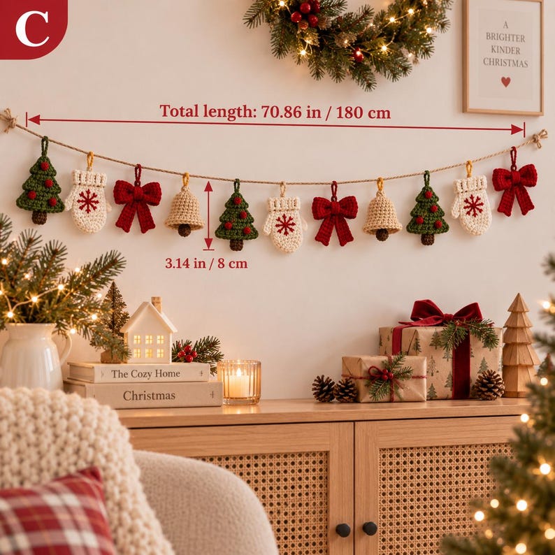 Crochet Christmas Garland, Handmade Mantel Decor, Holly Snowflake Bell Ornaments, Holiday Fireplace Bunting