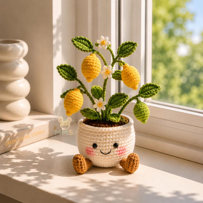 Crochet Flower Pot Set with Mushroom Sunflower Lavender Strawberry Rose Tulip Designs