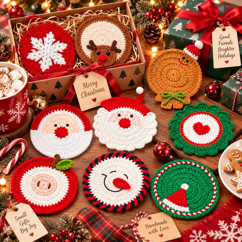 Handmade Crochet Christmas Coasters, Cute Animal Mug Rugs, Holiday Mug Rugs, Kawaii Table Decor, Gift for Coffee Lovers