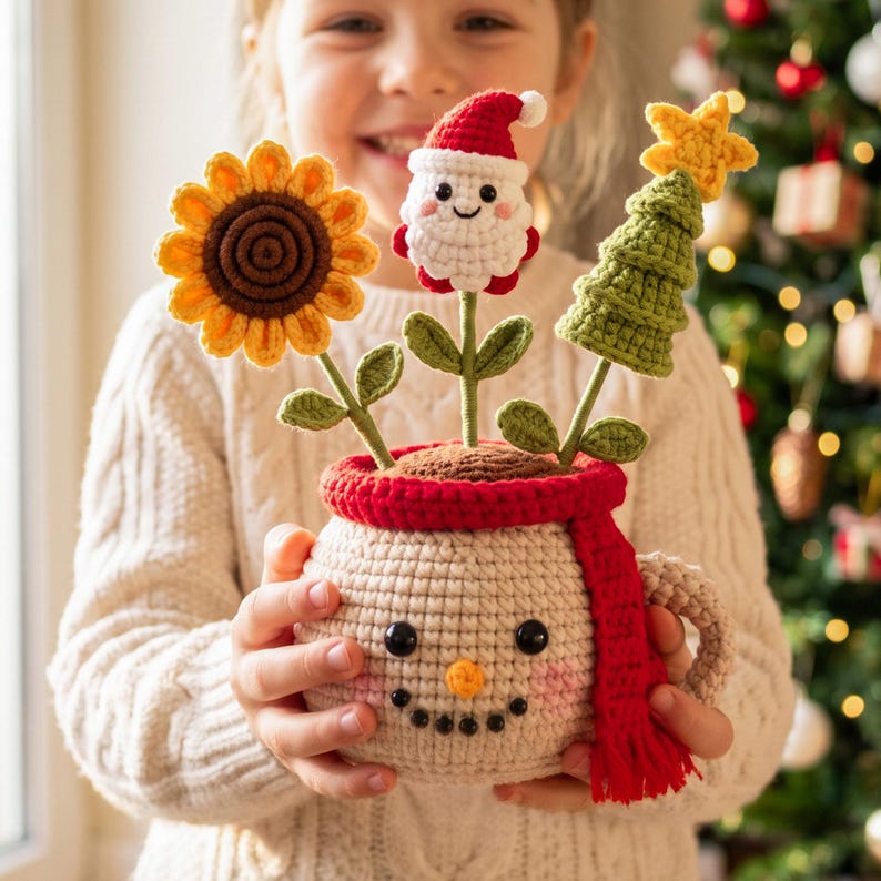 Crochet Christmas Plant Pot, Christmas Decor Gift ,Christmas Amigurumi, Festive Desk Ornament