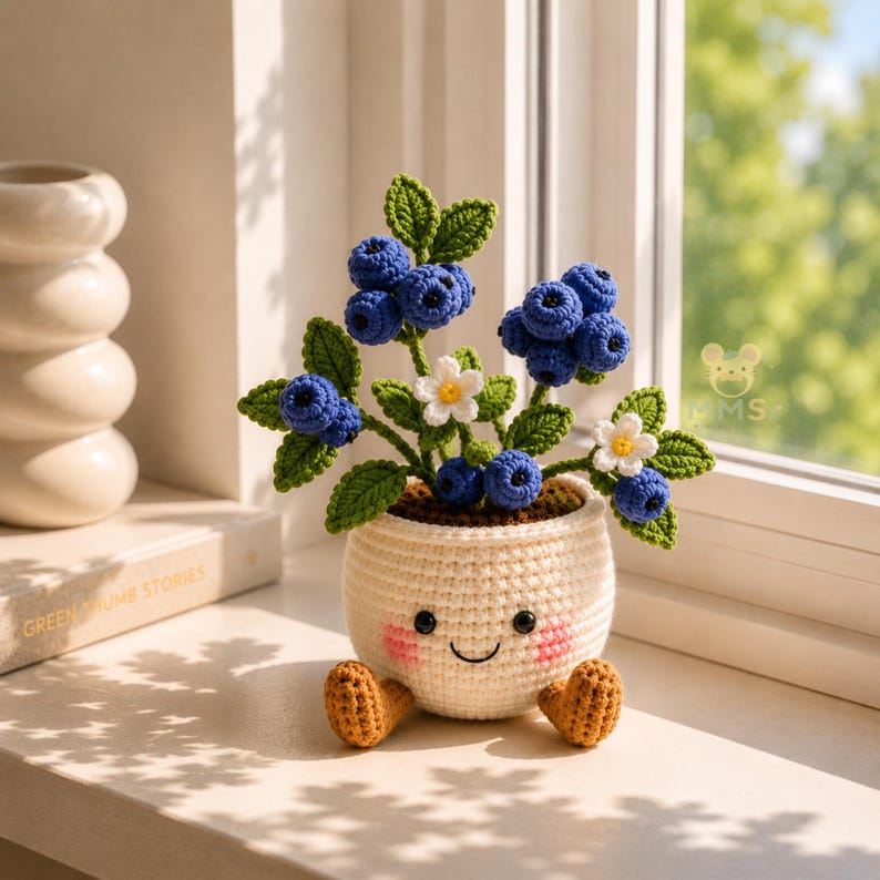 Crochet Flower Pot Set with Mushroom Sunflower Lavender Strawberry Rose Tulip Designs