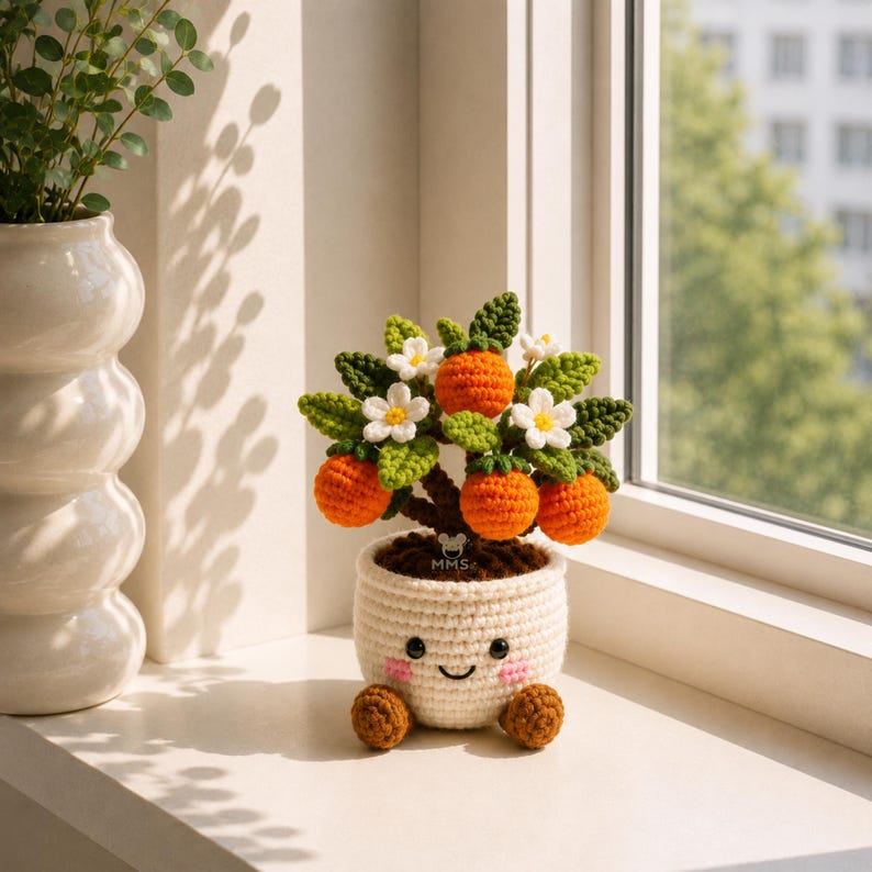 Crochet Flower Pot Set with Mushroom Sunflower Lavender Strawberry Rose Tulip Designs
