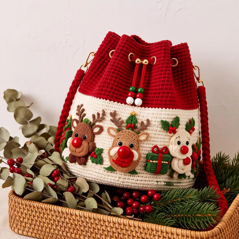 Christmas Crochet Bucket Bag, DIY Crochet Kit or Finished Crossbody Bag, Handmade Santa Reindeer Holiday Bag